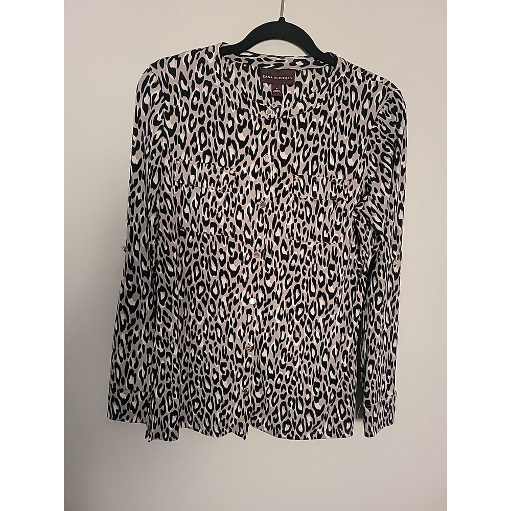 Dana Buchman Women's Sz Small Long Sleeve Leopard Top Cuffed Mobwife